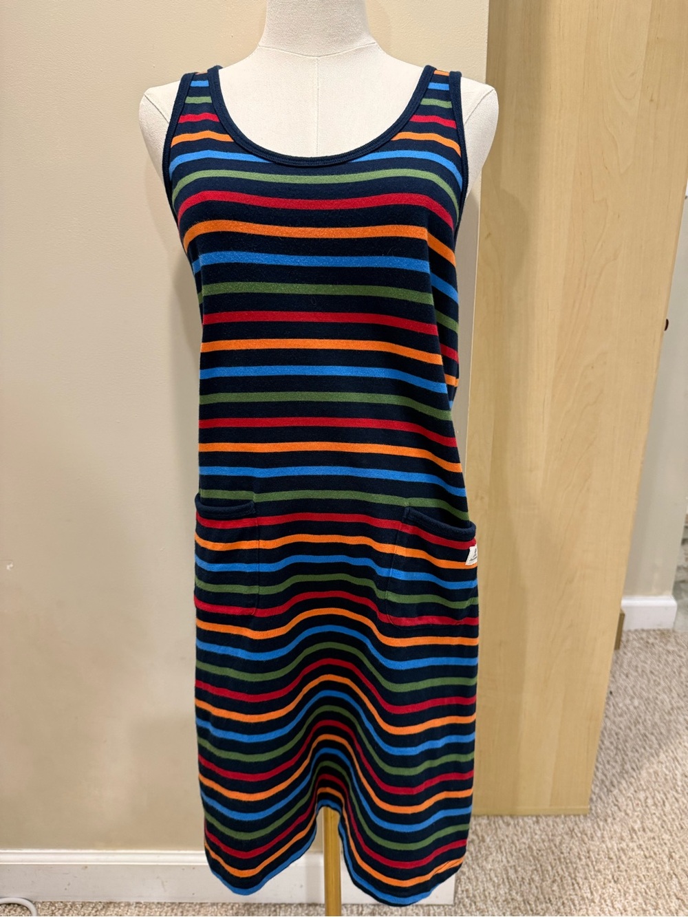 French Sleeveless Multicolor Striped Knit Dress w Front Pockets